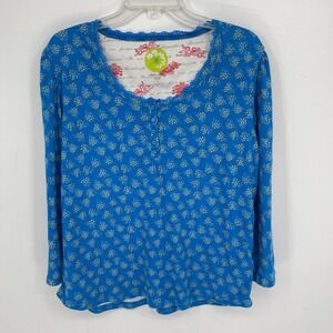 White Orchid Women's Blue Floral‎ Long Sleeve Henley Sleep Pajama PJ Top Size L